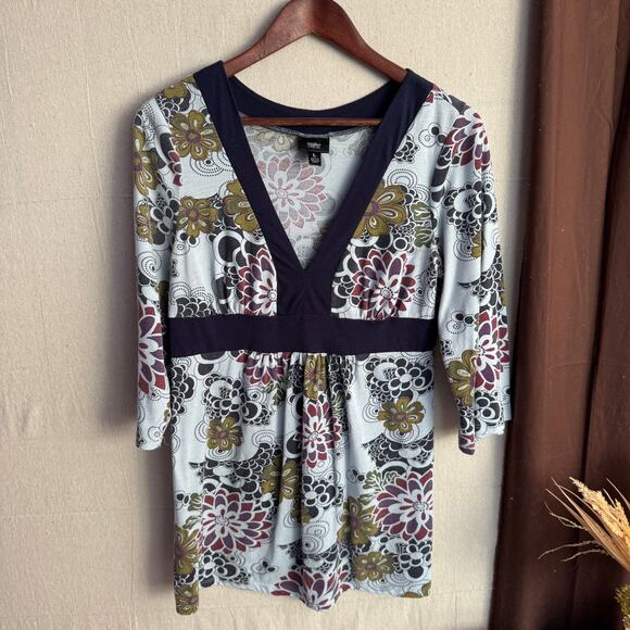 Mossimo Blouse Size L Blue Floral Babydoll Style 3/4 Sleeve V-Neck Top - Picture 2 of 10